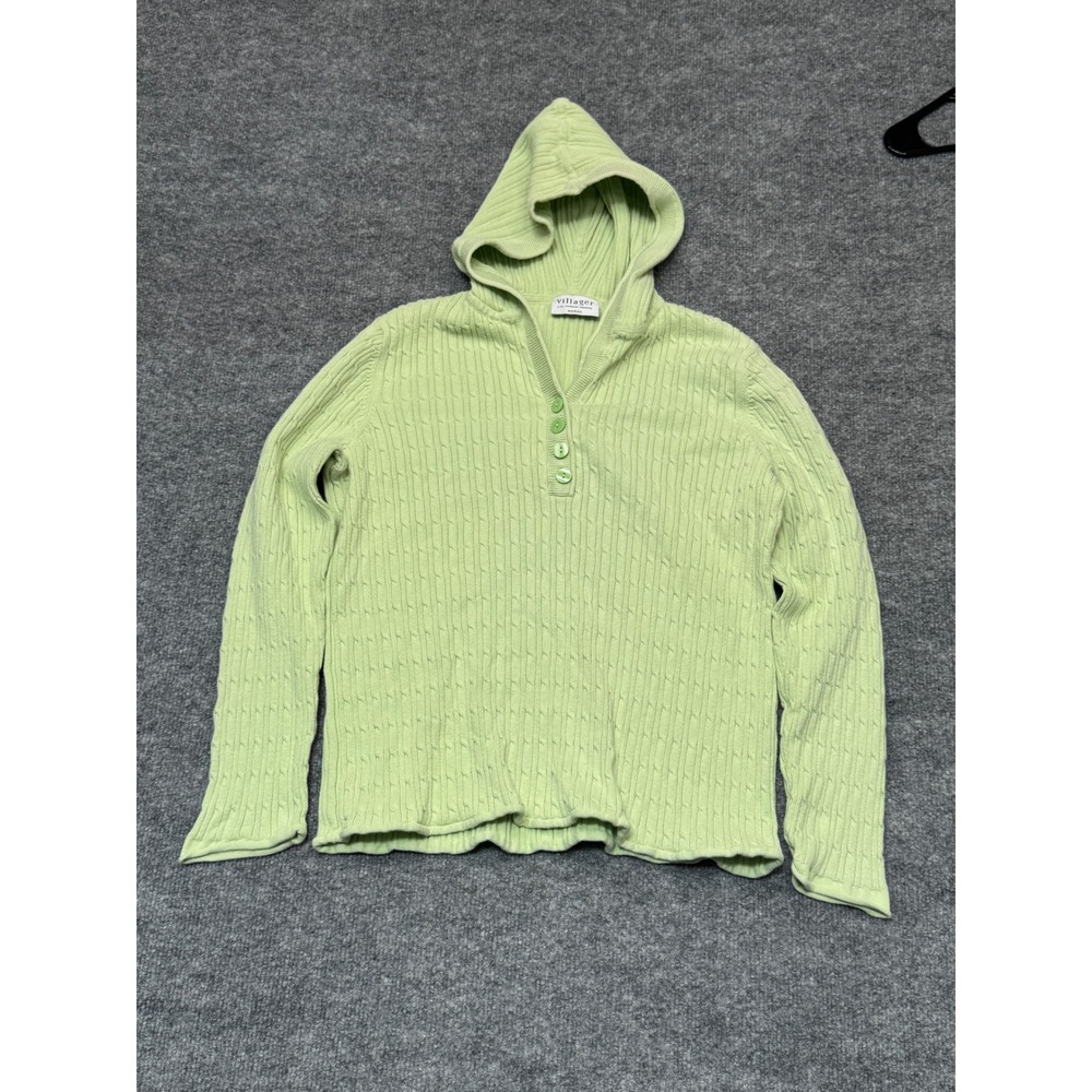 Villager Liz Claiborne Green Cable Knit Hooded Sweater Button Front Women Size 1